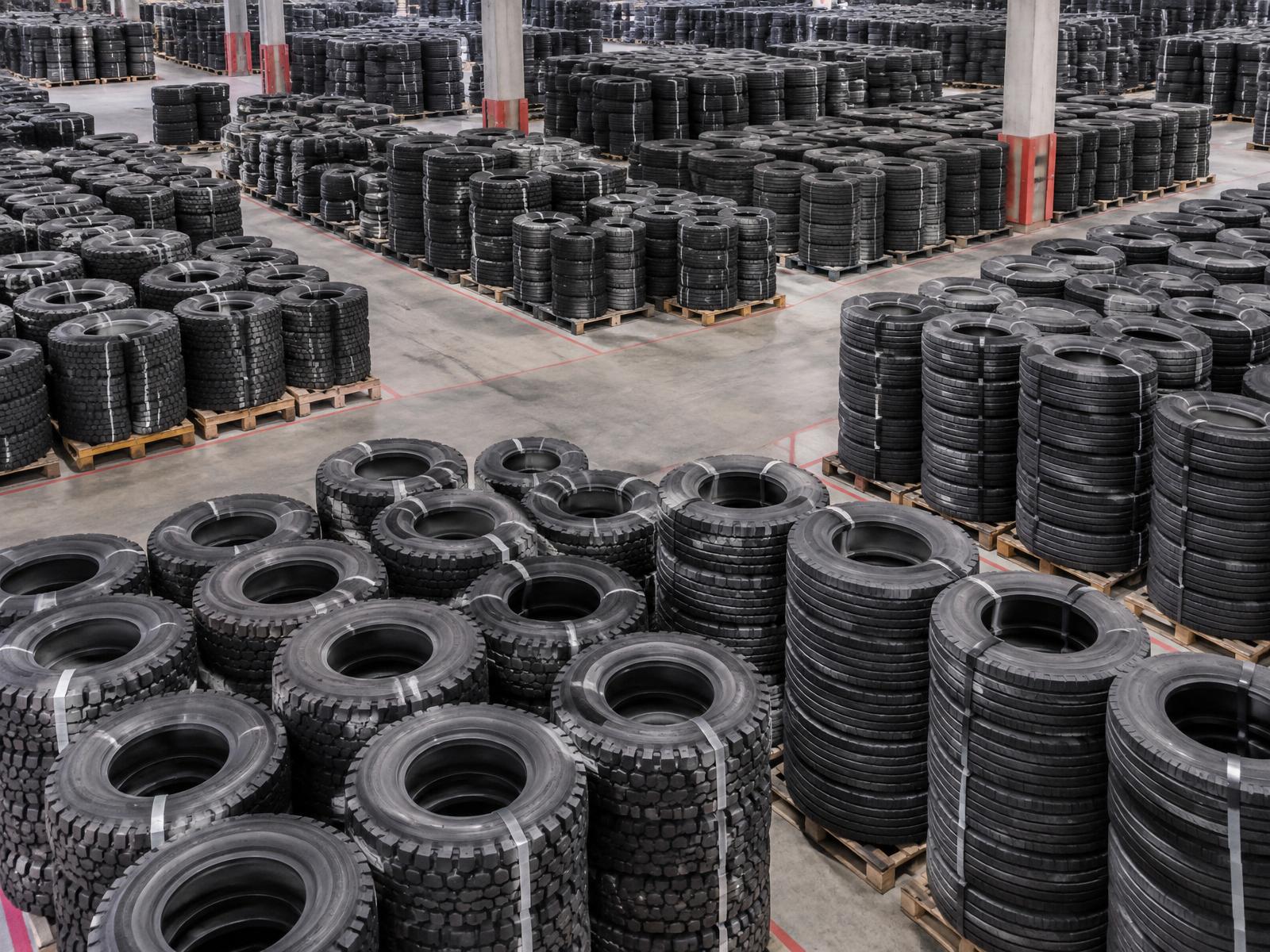 Wholesale tire inventory arranged on pallets